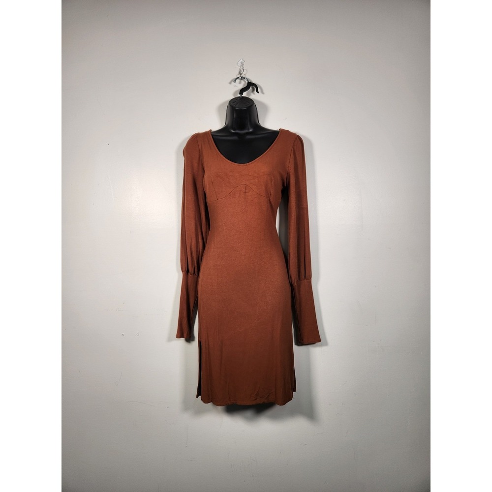 FIRESTAR Mini Dress Women L Brown Ribbed Knit Back Cutout Long Sleeve Party Club